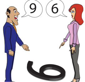 Man saying 9 and woman saying 6, while the numerical symbol on the ground between them can be either depending on perspective
