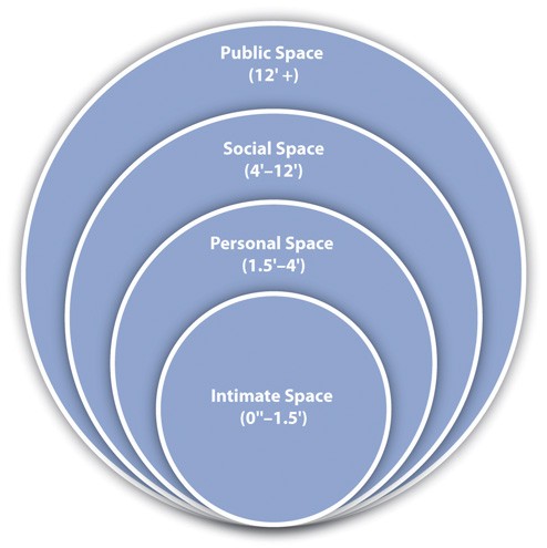 Inner zone to outer: intimate space (0”–1.5’), personal space (1.5’–4’), social space (4’–12’), public space (12’ +)